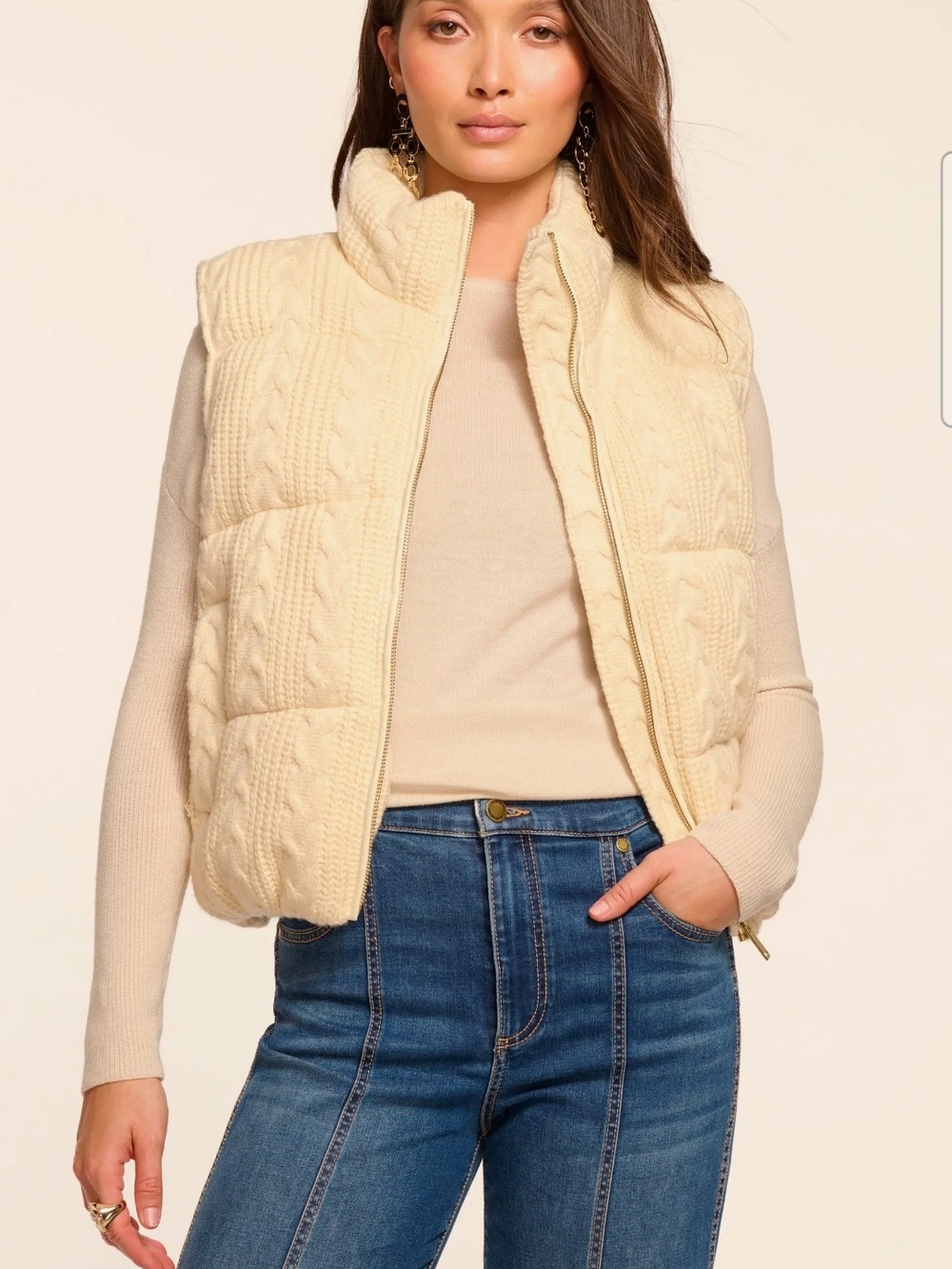 Ramy Brook Cream Quilted Cable-Knit Puffer Vest